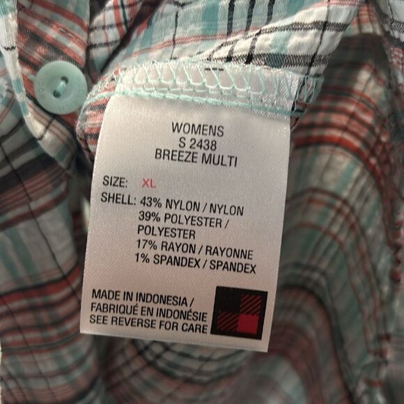 Woolrich Breeze Teal Coral Front Button Up Crinkle Texture Shirt Top Size XL - Picture 7 of 9